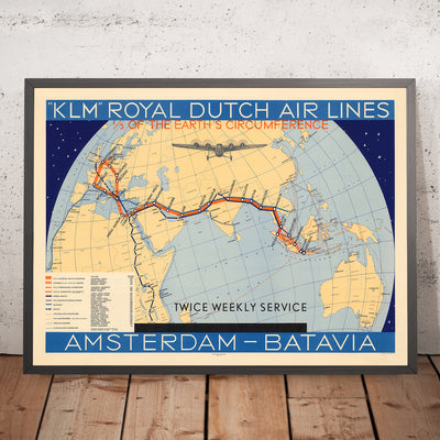 Alte Karte von KLM Amsterdam nach Batavia, 1934: Flugrouten, zweimal wöchentlicher Service, bildliche Gestaltung