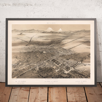 Alte Birdseye-Karte von Mexiko-Stadt von Decaen, 1862: Kathedrale, Tacuba, Parks, Berge, Plaza Mayor 