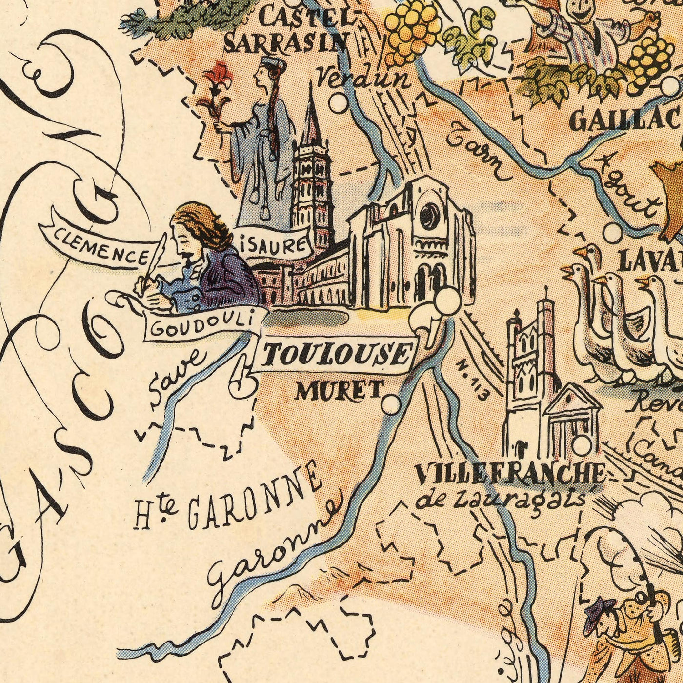 Alte Karte von Languedoc, Frankreich von Jacques Liozu im Jahr 1951: Carcassonne, Montpellier, Nîmes, Albi, bildliche Illustrationen 