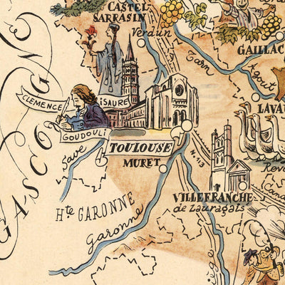 Alte Karte von Languedoc, Frankreich von Jacques Liozu im Jahr 1951: Carcassonne, Montpellier, Nîmes, Albi, bildliche Illustrationen 