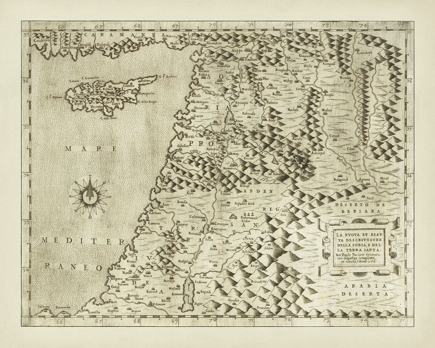 Alte seltene Karte des Heiligen Landes von Forlani, 1566: Jerusalem, Damaskus, Aleppo, Totes Meer, Zypern