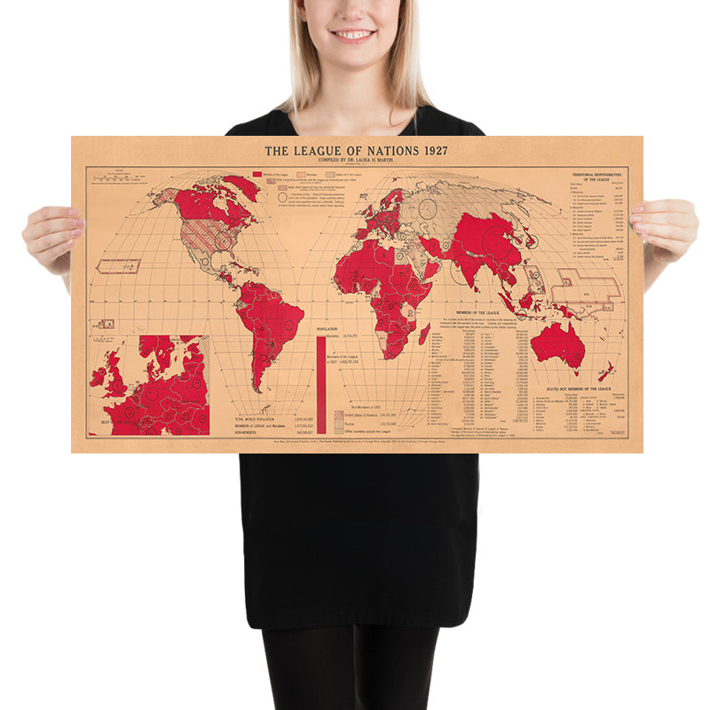 Old League of Nations World Map by Martin, 1927: Goode Homolosine Projection, Global Politics