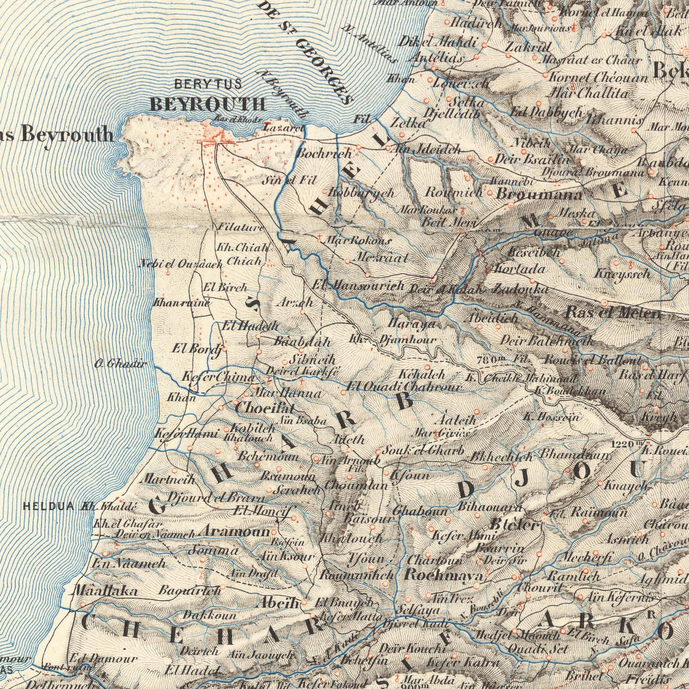 Ancienne carte du Liban par Dépôt De La Guerre, 1862 : Beyrouth, Tripoli, Sidon, Tyr, Byblos