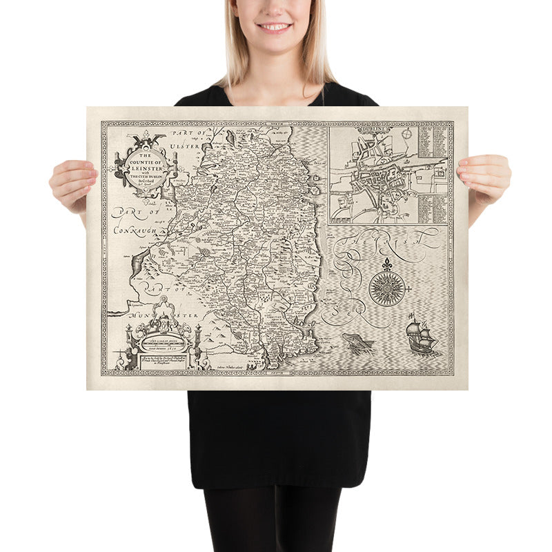 Old Map of Leinster, Ireland in 1611 by John Speed - County Dublin, Kilkenny, Meath, Drogheda