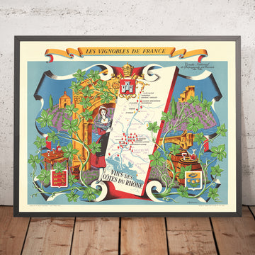 Mappa del vino antico della regione del Cote du Rhone di Hetreau, 1954: Lione, Avignone, fiume Rodano, vigneti, castelli 