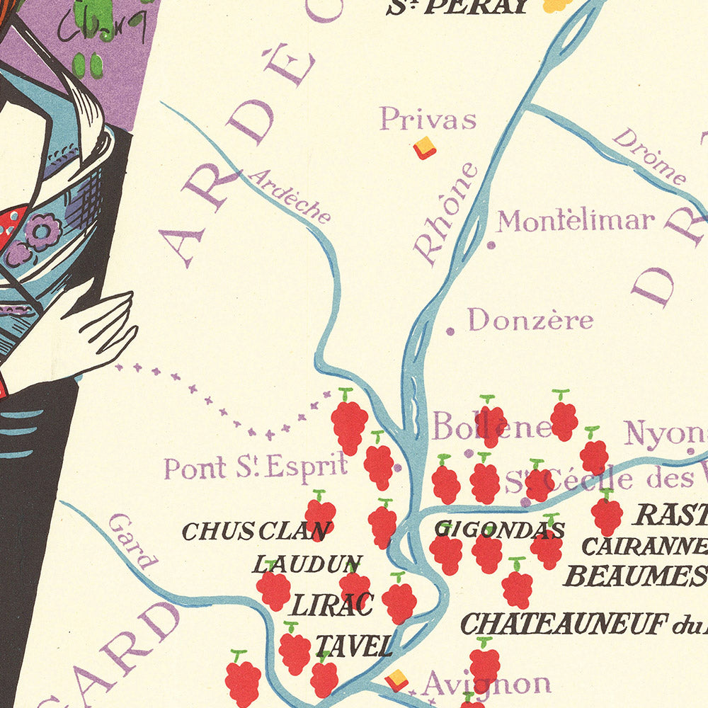 Mapa ilustrado antiguo de la región de la Costa del Ródano realizado por Hetreau en 1954: Lyon, Aviñón, río Ródano, viñedos y castillos