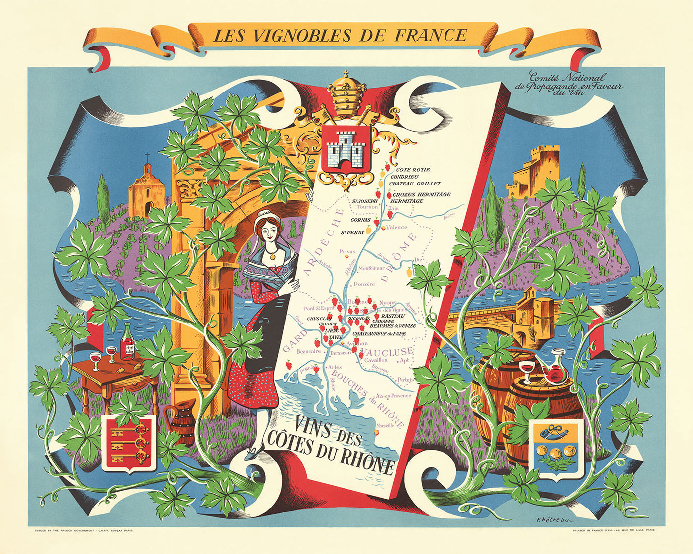 Alte Bildkarte der Region Côte du Rhône von Hetreau, 1954: Lyon, Avignon, Rhône, Weinberge, Schlösser