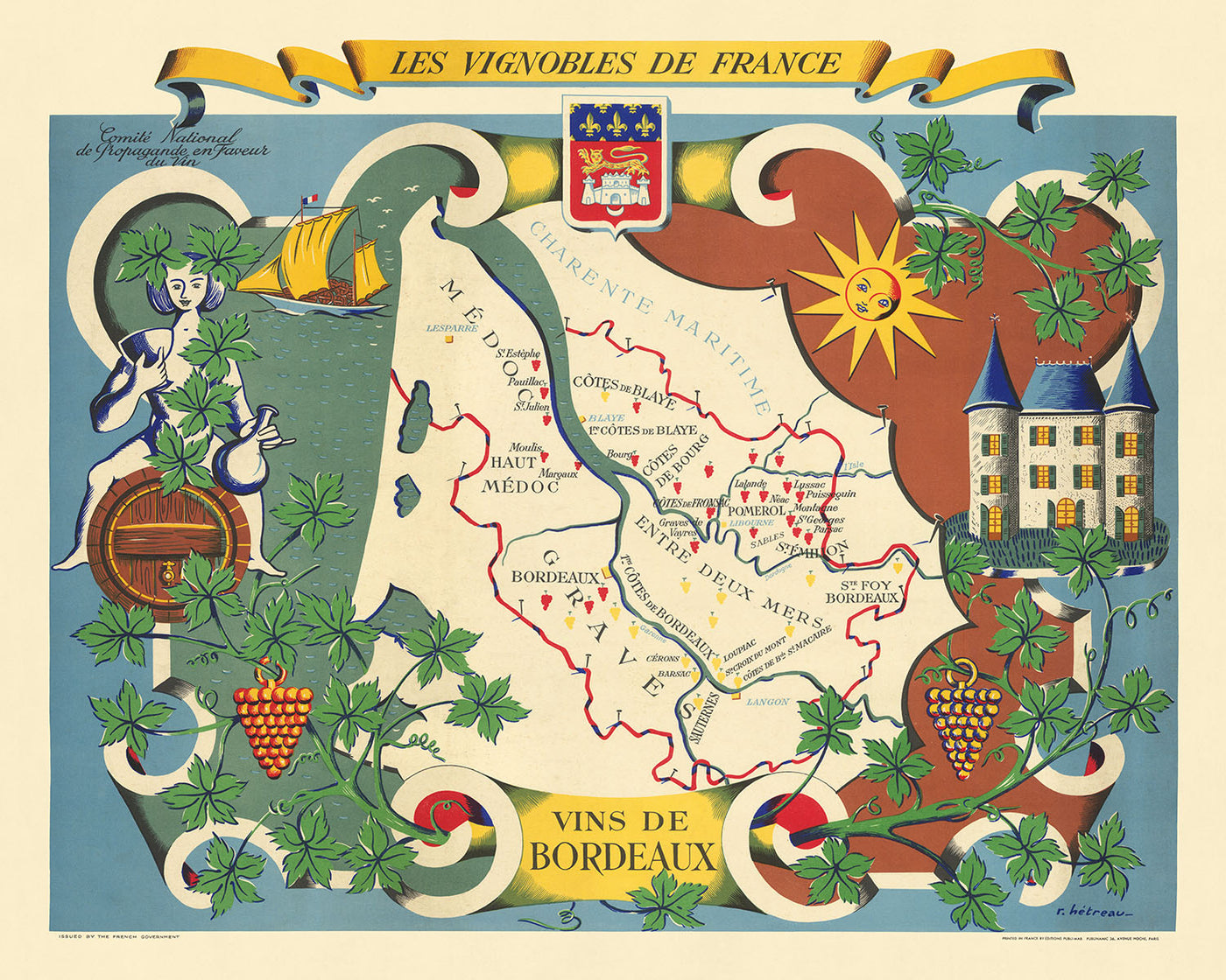 Antiguo mapa pictórico de Burdeos de Hetreau, 1954: Burdeos, Saint-Émilion, Pomerol, Médoc, Garona