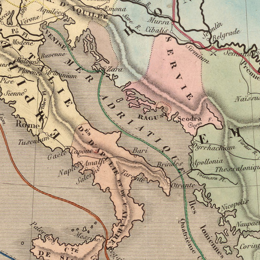 Carte ancienne des croisades en Europe et au Moyen-Orient par Andriveau-Goujon, 1838 : Routes, Antioche, Jérusalem, Constantinople, Terre Sainte.