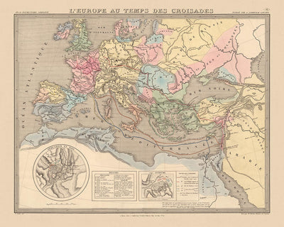 Carte ancienne des croisades en Europe et au Moyen-Orient par Andriveau-Goujon, 1838 : Routes, Antioche, Jérusalem, Constantinople, Terre Sainte.