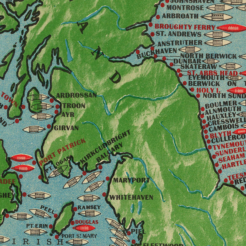 Alte thematische Karte der Rettungsbootstationen, 1935: Britische Inseln, RNLI-Operationen