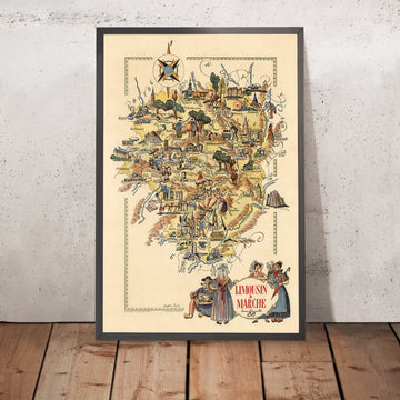 Mappa Pittorica Antica del Limousin e del Marche di Liozu, 1951: Limoges, Brive-la-Gaillarde, Tulle, Oradour-sur-Glane, Château de Val 