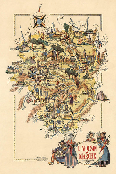 Antiguo mapa pictórico de Lemosín y Marcas de Liozu, 1951: Limoges, Brive-la-Gaillarde, Tulle, Oradour-sur-Glane, Château de Val