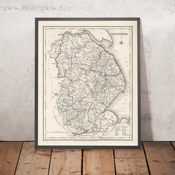 Mapa antiguo de Lincolnshire por Samuel Lewis, 1844: Boston, Grimsby, Spalding, Stamford, Louth