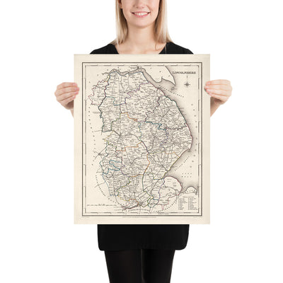 Old Map of Lincolnshire by Samuel Lewis, 1844: Boston, Grimsby, Spalding, Stamford, Louth