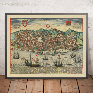 Ancienne carte Birdseye de Lisbonne par Braun, 1596 : Castelo de São Jorge, Catedral Se, Baixa, Bairro Alto, Tage
