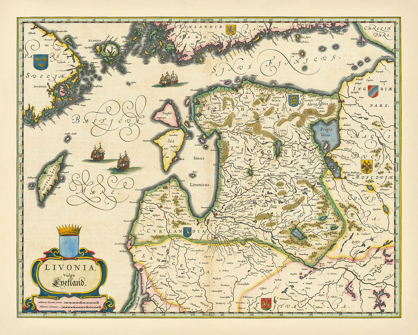 Alte dekorative Karte des Baltikums von Blaeu, 1644: Stockholm, Helsinki, Riga, Tallinn, Vilnius