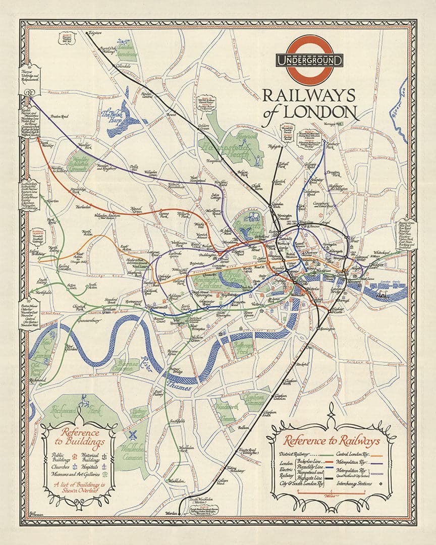 Mappa della metropolitana di Londra rara e antica, 1928 - Covent Garden, Piccadilly Circus, Linea Centrale e District 