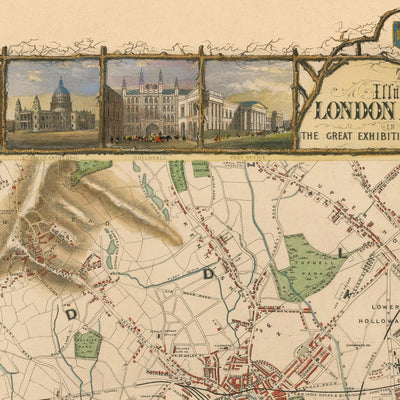 Antiguo mapa ilustrado de Londres por Tallis, 1851: Támesis, Hyde Park, Regent's Park, Westminster, Oxford Street