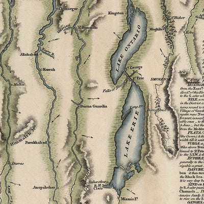 Ancienne carte infographique des plus longs fleuves du monde par Smith, 1817 : longueurs comparatives, exploration, code couleur