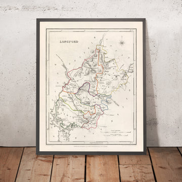 Mapa antiguo del condado de Longford por Samuel Lewis, 1844: Ballymahon, Edgeworthstown, Granard, Abbeyshrule, río Shannon