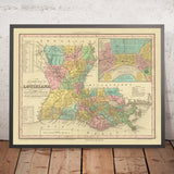 Mapa antiguo de Luisiana de Tanner, 1843: Nueva Orleans, Baton Rouge, el lago Pontchartrain, el delta del río Mississippi y el golfo de México