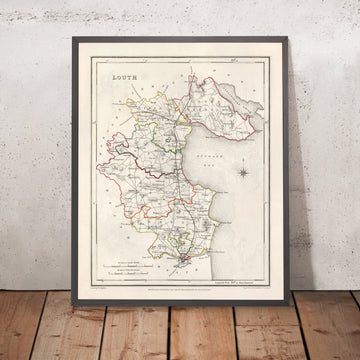 Mapa antiguo del condado de Louth por Samuel Lewis, 1844: Dundalk, Drogheda, Ardee, Carlingford, Península de Cooley