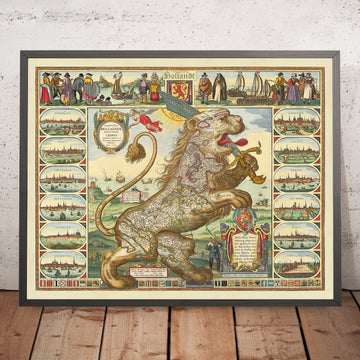 Vecchia mappa di Leo Belgicus (Leone dei Paesi Bassi) di Visscher, 1648: Amsterdam, Rotterdam, Anversa, Bruxelles, Gand 