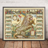 Old Map of Leo Belgicus (Low Countries Lion) by Visscher, 1648: Amsterdam, Rotterdam, Antwerp, Brussels, Ghent