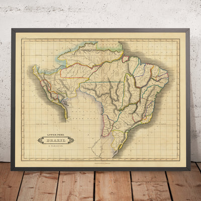 Mapa antiguo de América del Sur de Lizars, 1838: río Amazonas, Río de Janeiro, Lima, montañas, fronteras