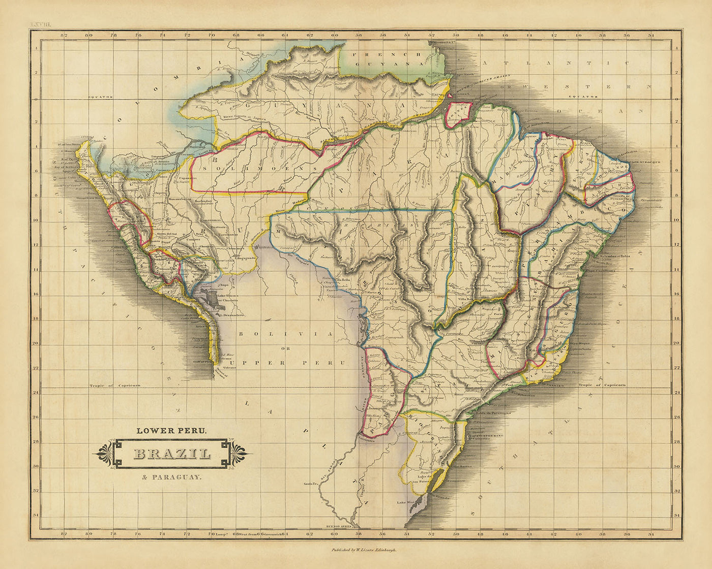 Mapa antiguo de América del Sur de Lizars, 1838: río Amazonas, Río de Janeiro, Lima, montañas, fronteras