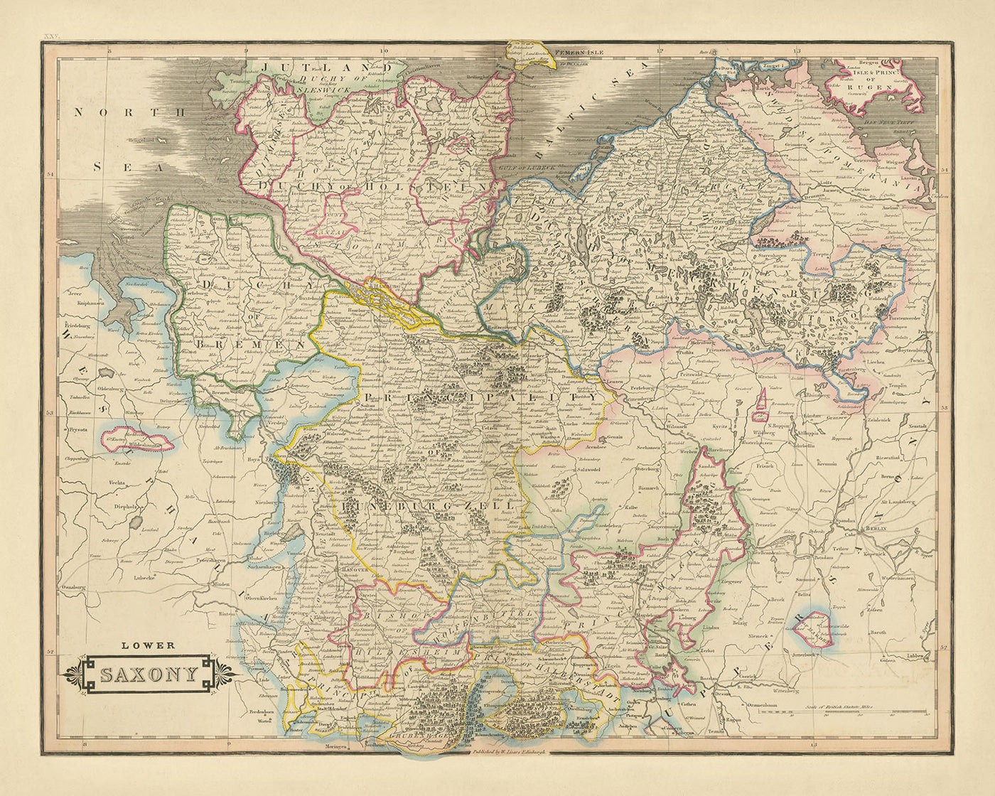 Mapa antiguo de Baja Sajonia de Lizars, 1828: Berlín, Hannover, río Elba, montañas de Harz, mar del Norte