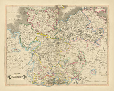 Mapa antiguo de Baja Sajonia de Lizars, 1828: Berlín, Hannover, río Elba, montañas de Harz, mar del Norte