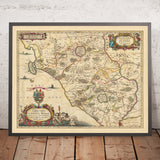 Mapa antiguo de la Baja Toscana, Italia por Visscher, 1690: Viterbo, Roma, Orvieto, Civitavecchia, Parque Bracciano Martignano 