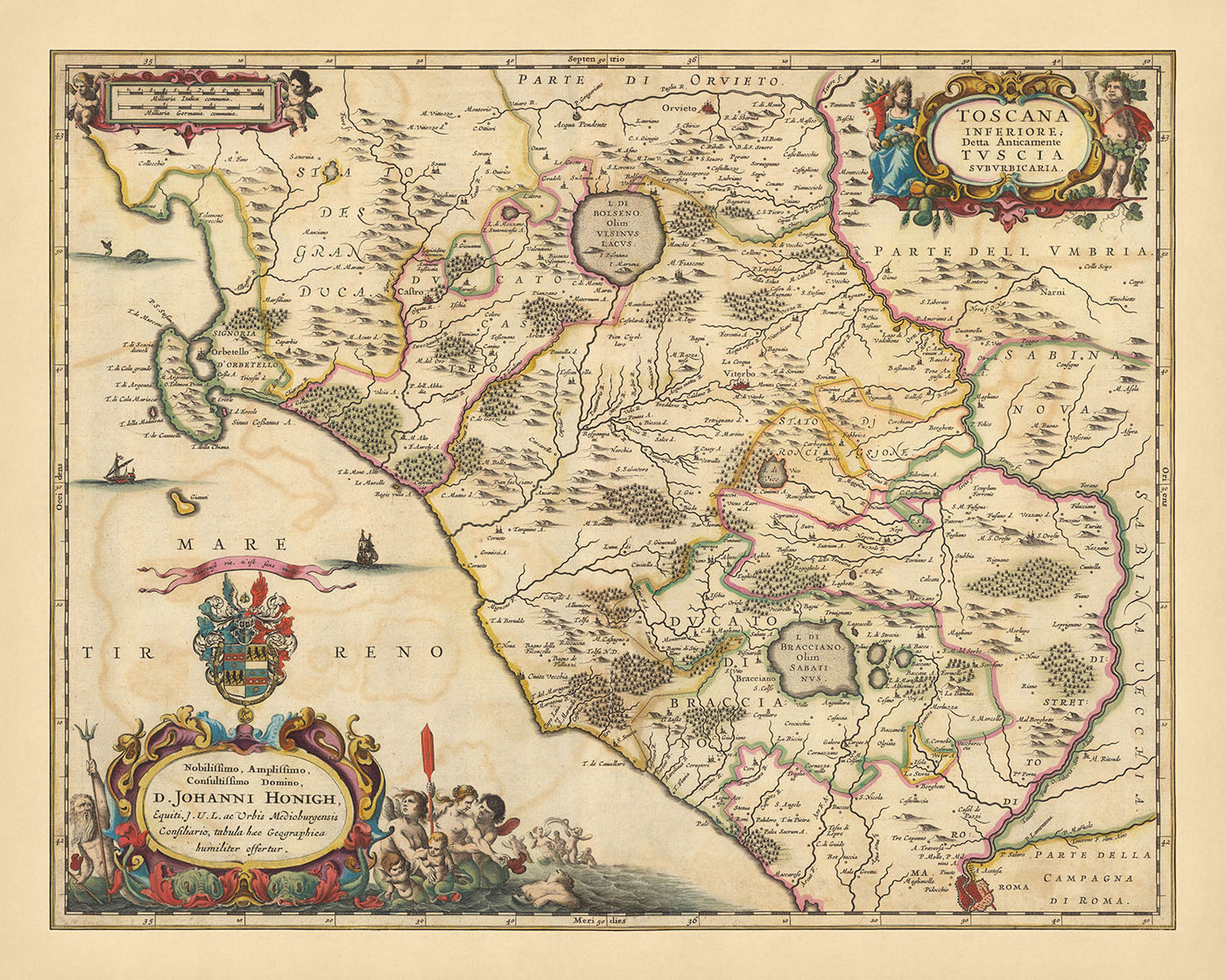 Ancienne carte de la Basse Toscane par Visscher, 1690 : Viterbo, Rome, Orvieto, Civitavecchia, Parco Bracciano Martignano