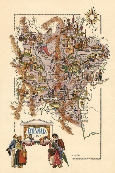 Old Pictorial Map of Lyonnais by Liozu, 1951: Lyon, Saint-Étienne, Vineyards, Castles, Rivers