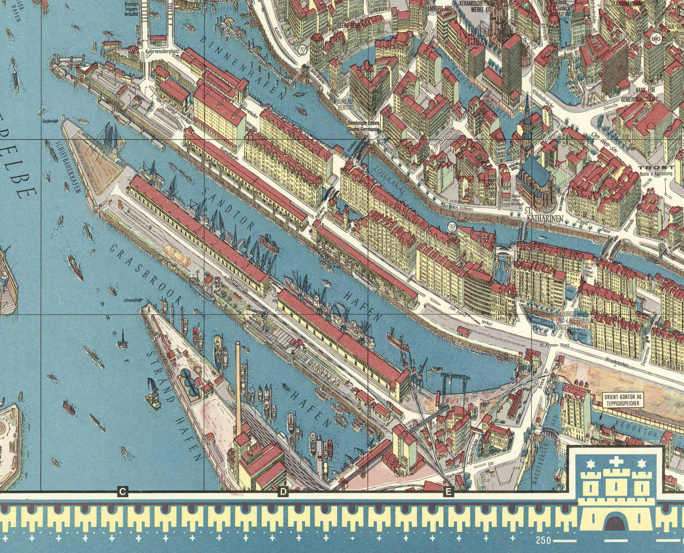 Ancienne carte de Hambourg en 1964 par Hermann Bollman - Binnenalster, Alster Lakes, Heiligengeistfeld, Planten un Blomen, Central Station