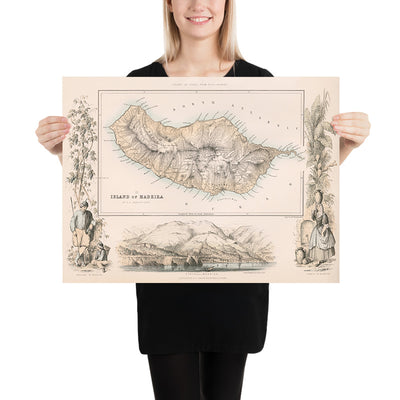 Ancienne carte de Madère par Fullarton, 1865 : Funchal, Pico Ruivo, Baie de Funchal, Vignettes, Topographie