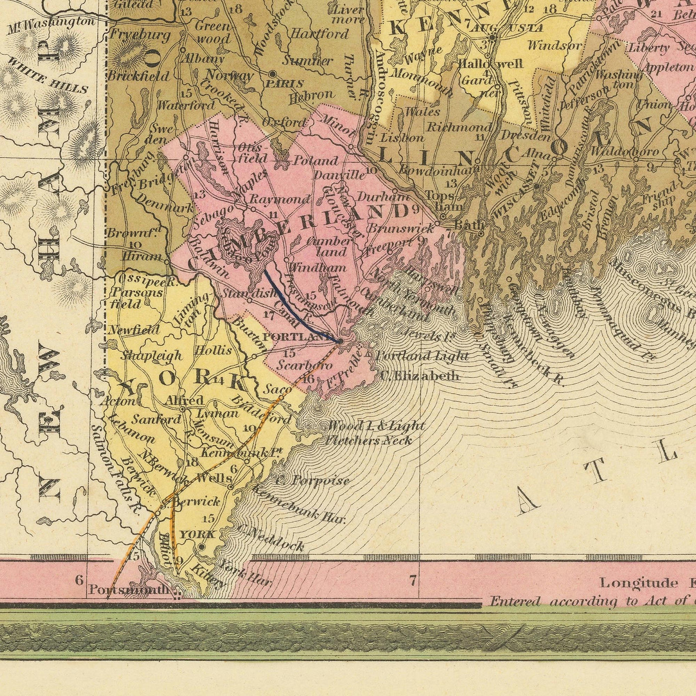 Old Map of Maine by HS Tanner, 1840: Portland, Augusta, Bangor, and Mount Katahdin