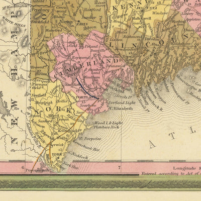 Old Map of Maine by HS Tanner, 1840: Portland, Augusta, Bangor, and Mount Katahdin