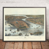 Ancienne carte Birdseye de New York et de Brooklyn par Bachmann, 1851 : Central Park, The Battery, Brooklyn, East River, Hudson River