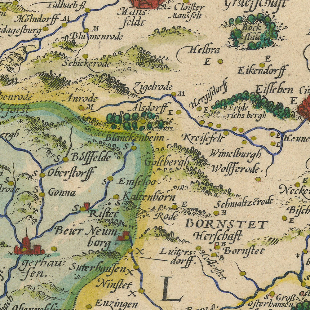 Old Map of Mansfeld District, Germany by Ortelius, 1575: Mansfeld-Südharz, Halle, Salsa River, Helm River