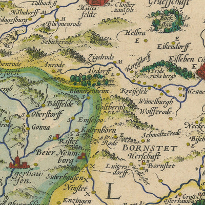 Old Map of Mansfeld District, Germany by Ortelius, 1575: Mansfeld-Südharz, Halle, Salsa River, Helm River