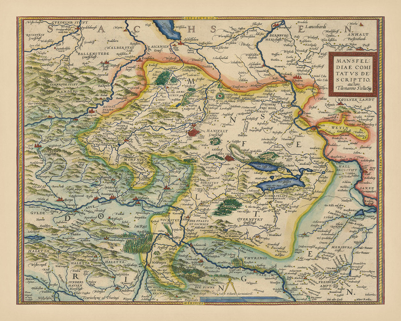 Alte Karte von Mansfeld von Ortelius, 1575: Mansfeld, Halle, Salsa, Helm, verzierte Kartuschen