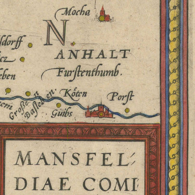 Mapa antiguo de Mansfeld de Ortelius, 1575: Mansfeld, Halle, río Salsa, río Helm, cartuchos ornamentados