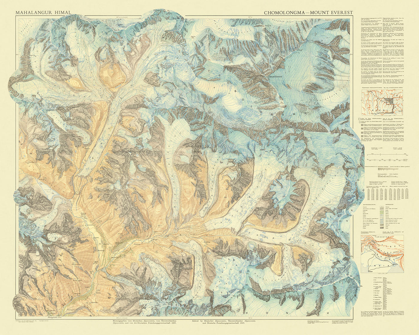 Mapa antiguo de la región del monte Everest de Schneider, 1957: Everest, glaciar Khumbu, Lhotse, Nuptse, Collado Sur