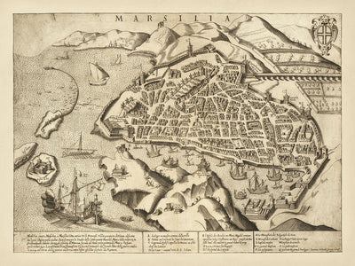 Alte Vogelperspektivenkarte von Marseille von Orlandi, 1580: Notre Dame, La Major, S. Laurent, Hafen, Arsenal