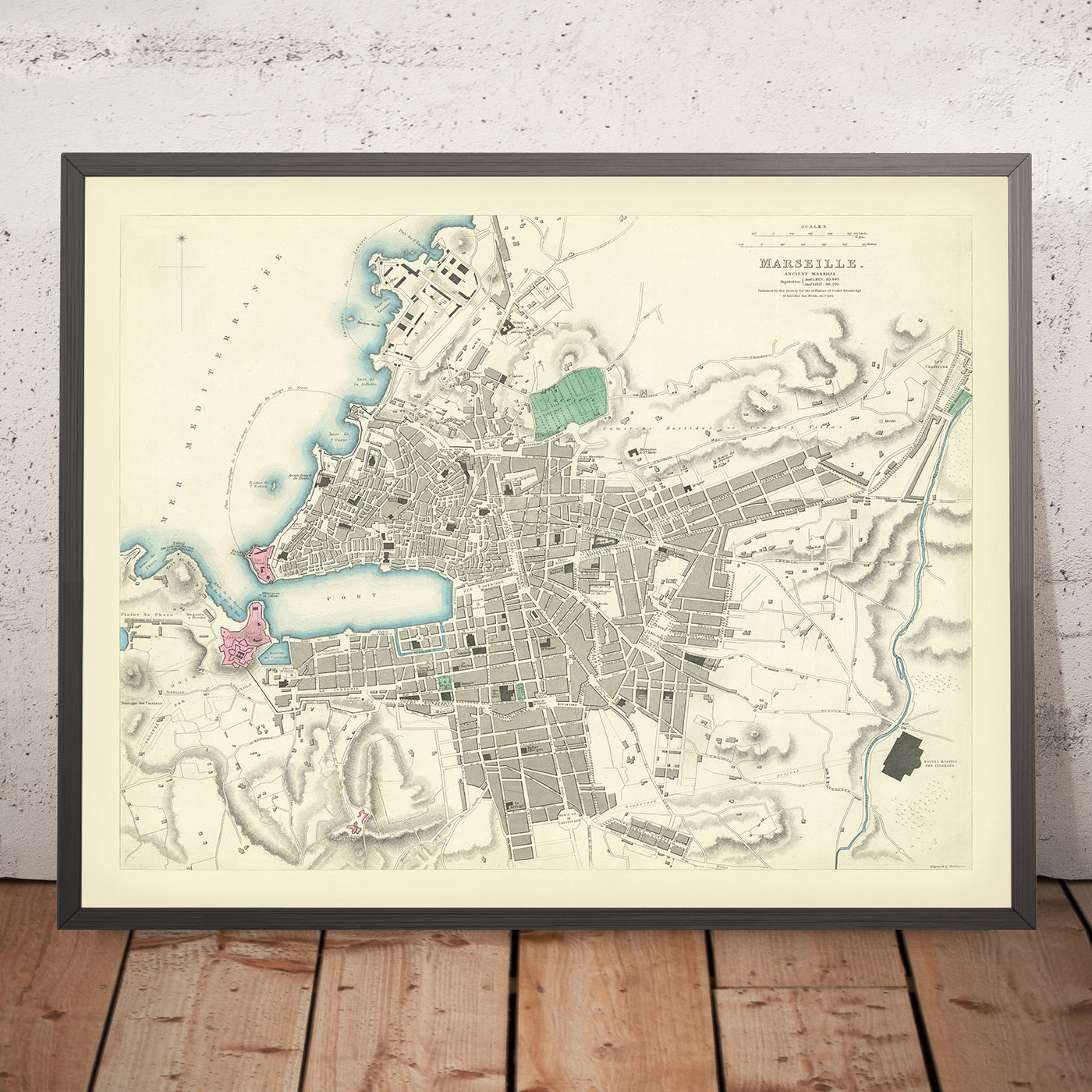 Mapa antiguo de Marsella, 1870: Vieux-Port, Fort Saint-Jean, Fort Saint-Nicolas, Palais Longchamp, Parc Borély