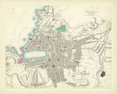 Old Map of Marseille, 1870: Vieux-Port, Fort Saint-Jean, Fort Saint-Nicolas, Palais Longchamp, Parc Borély