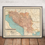 Grande vieille carte de la Yougoslavie par Kolin, 1917 : Serbie, Croatie, Monténégro, Slovénie, Bosnie 